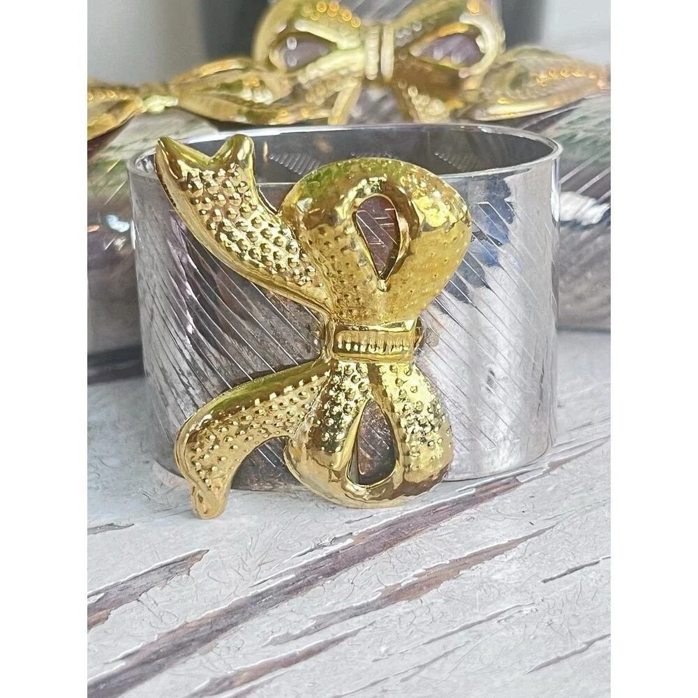 Vintage Oval Shaped Silver Plated Napkin Rings With Gold Bows Set Of 4 / Dining